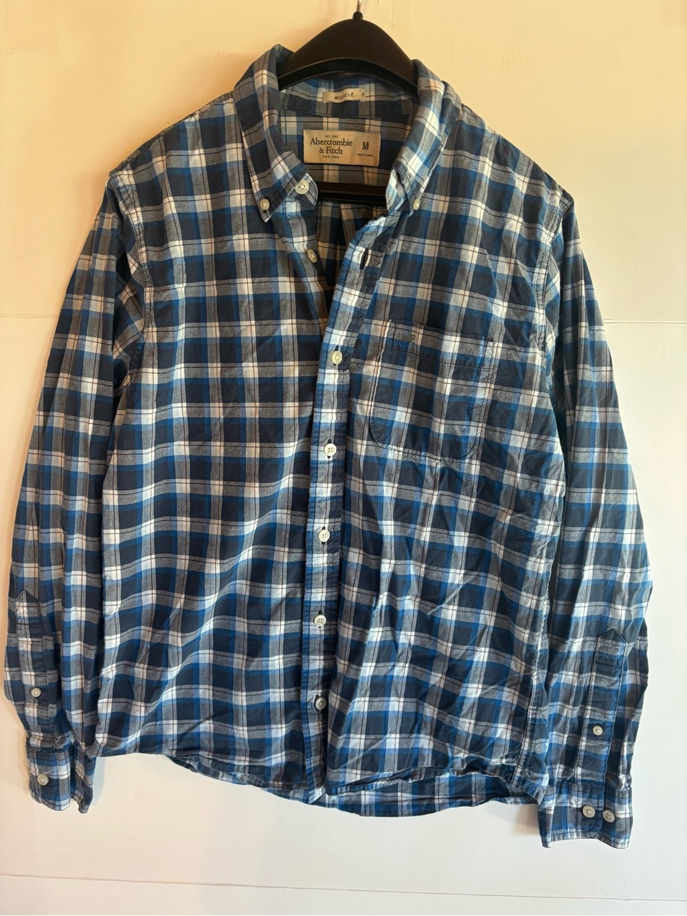 Abercrombie & Fitch Men's M Muscle Fit Blue/White Plaid Woven Button-Down